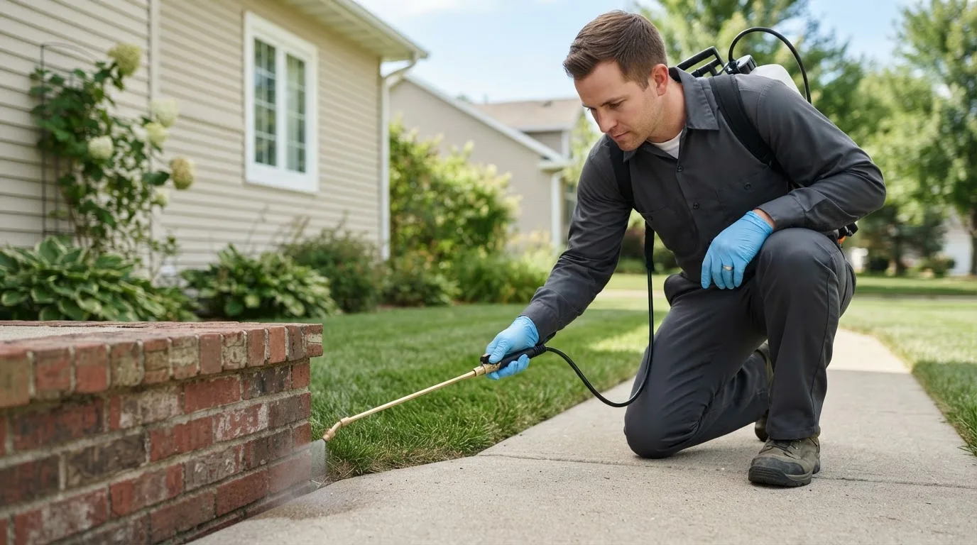 Pest control technician treating a home near Little Eagle, SD